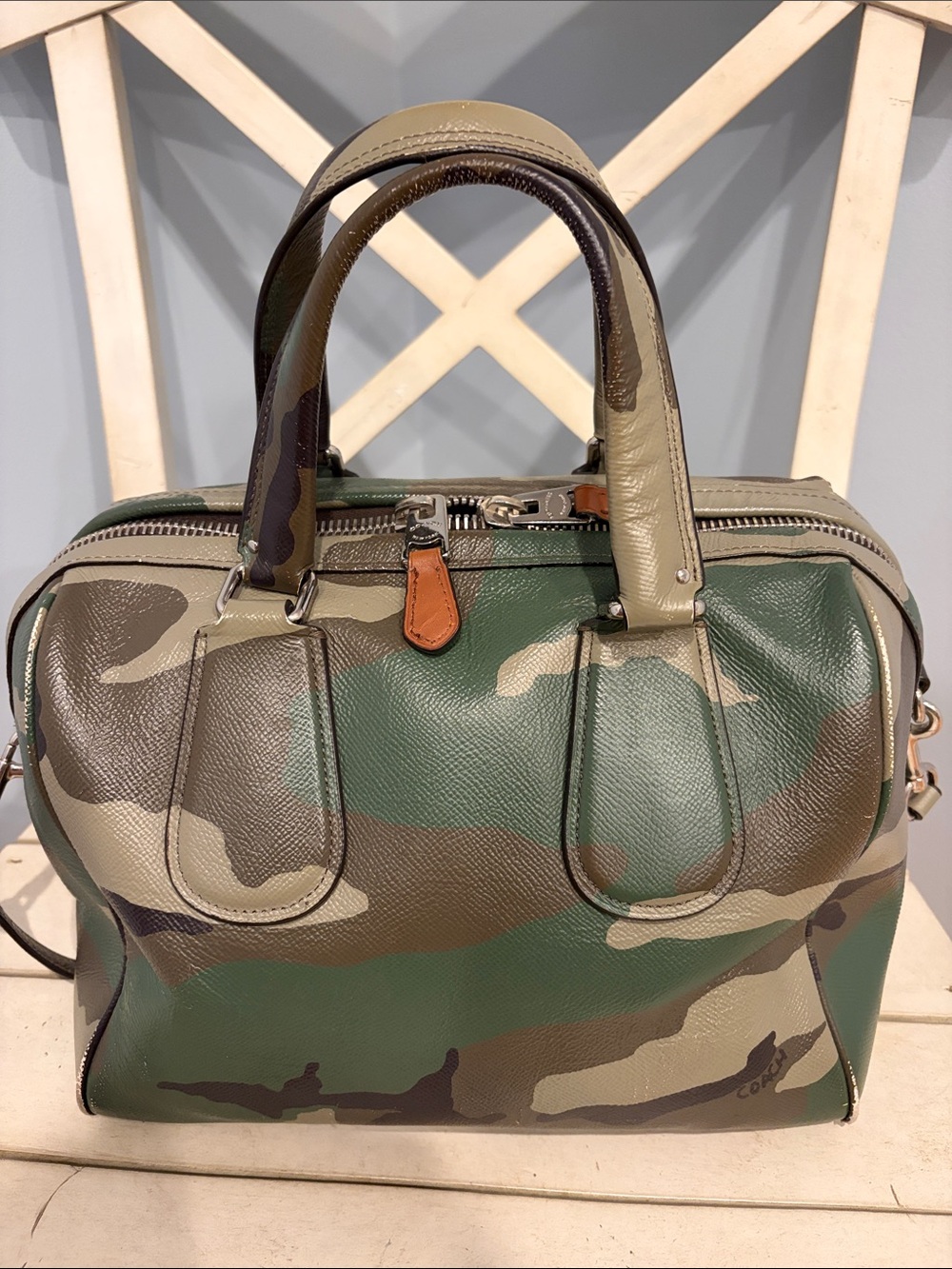 Coach Camo Surrey Satchel Leather Zip Satchel in Green/Brown - Picture 5 of 16
